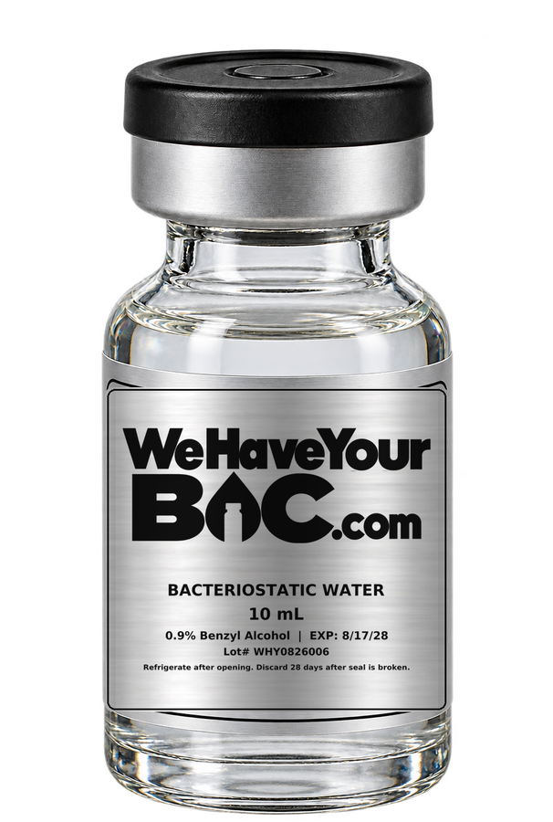 10 mL We Have Your BAC bacteriostatic water vial with a silver label and black flip-off cap